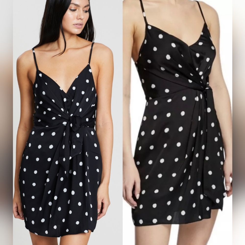 Shona Joy Avery Knot Front Mini Dress Womens 6 Black White Polka Dot Sleeveless